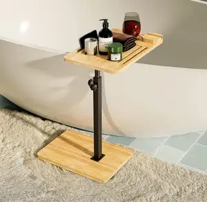 욕조 트레이 테이블 대나무 욕조 트레이 캐디 높이 조절 가능 독립형 사이드 테이블 선반 고급 목욕