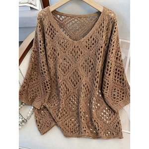 Women's Open Knit V-Neck Long Sleeve 100% Cotton <b>Pullover</b> <b>Sweater</b> - Product Image 4
