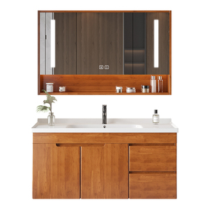 Meuble de salle de bain <span class=keywords><strong>insolite</strong></span> Meuble-lavabo en bois naturel Meuble de bain suspendu de 60 pouces avec lumières LED et miroir anti-désembuage - Product Image 4