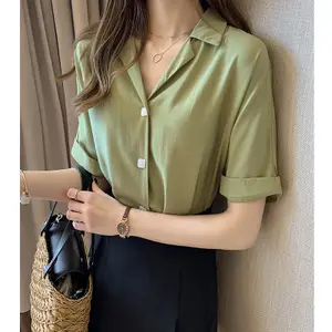 Zomer Korte Mouw Shirt Vrouwen Meisjes Vierkante Knop Revers Effen Kleur Nieuwe Mode Koreaanse Stijl Shirts Casual Tops Shirt