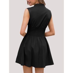 Women's Sleeveless V Neck Zip Mini <b>Dress</b> High Waist Utility Casual Solid Black Summer <b>Dress</b> With Pockets - Product Image 4