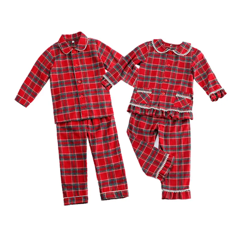 RTS tartan pajama dress sets flannel Christmas baby pajamas set cotton kids pyjamas sets