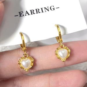 Heart Pearl <b>Dangle</b> Hoop <b>Earrings</b> 18K <b>Gold</b> Plated Brass Women Trendy Drop <b>Earrings</b> Jewelry Wholesale - Product Image 3