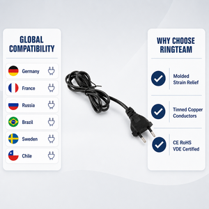 Câble d'alimentation CA RingTeam EU à 2 broches rondes C7 (Figure 8) pour chargeur d'ordinateur portable et caméra – Vente en gros OEM pour l'Allemagne, la France, la Pologne - Product Image 2