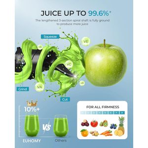 Extractor de jugos Euhome de prensado en frío con conducto de alimentación de 5.4 pulgadas, máquina de jugos de masticación lenta de 250W de alto rendimiento para jugos frescos de frutas y verduras. - Product Image 4