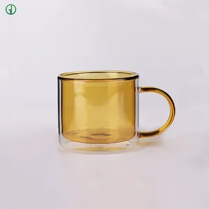 GDglass Mug kaca kopi transparan, cangkir kaca tembok ganda tahan panas dengan pegangan