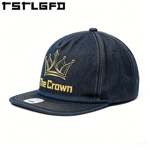 Casquette Dad Hat en jean à visière plate avec logo personnalisé, structurée, avec corde et broderie sur la couronne, vente en gros et fabrication - Product Image 1