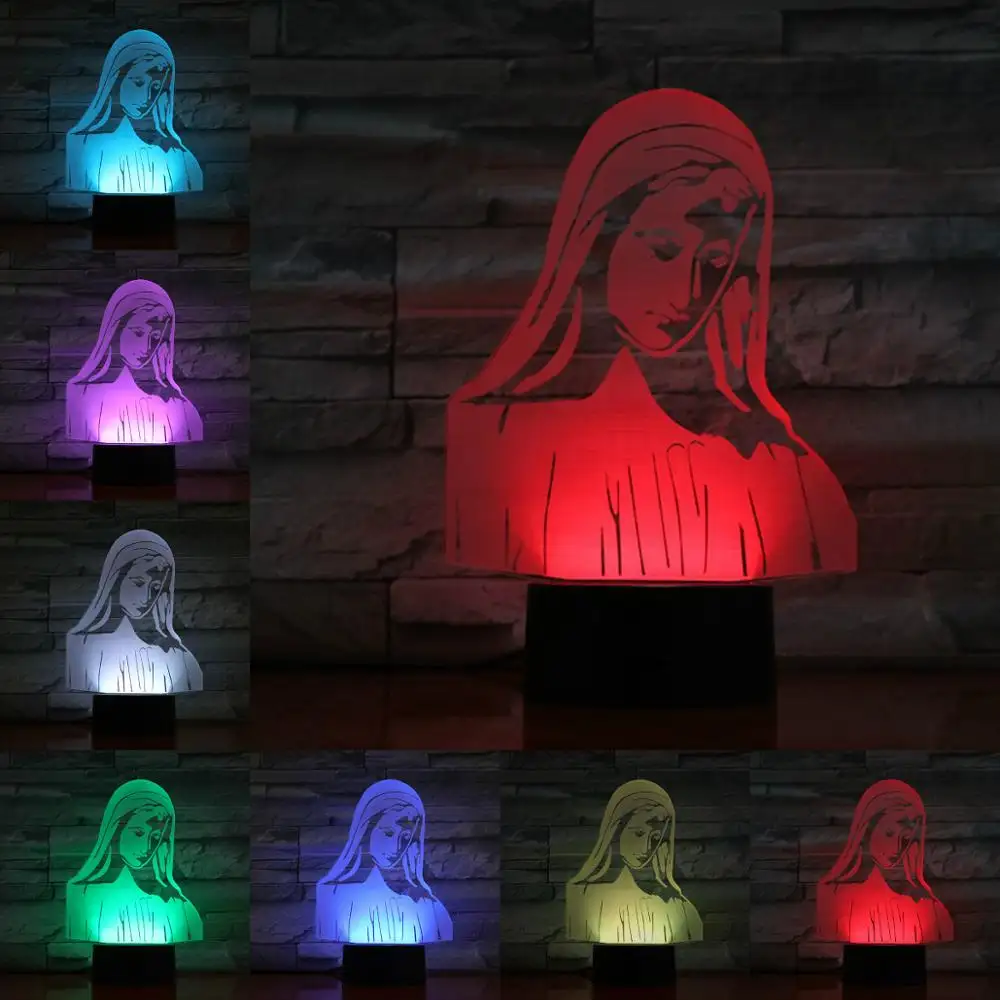 Madre Maria 3D LED acrilico LED lampada USB fede cristiana regali chiesa atmosfera illuminazione luce notturna decorazione del comodino