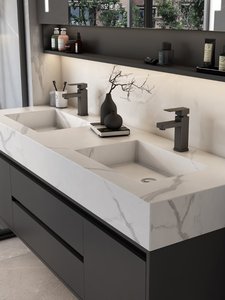 Meuble de salle de bain moderne de luxe léger et simple avec double vasque intégrée en céramique sans joint et miroir intelligent - Product Image 3