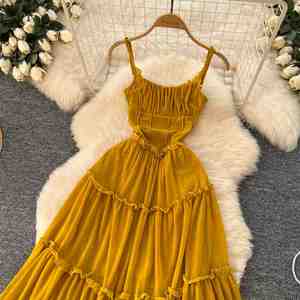 Robe midi plissée vintage d'été pour femme, coupe classique, en tissu écologique, imprimé numérique, jaune dentelle - Product Image 2