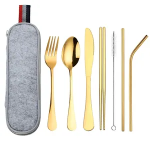 Set peralatan makan Stainless Steel, peralatan makan sumpit berpergian berkemah dengan kotak kotak makan siang, Set peralatan makan perak portabel