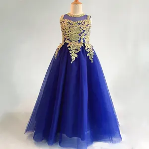 Vestido de lantejoulas, vestido de aniversário sem manga de cristal royal azul da menina