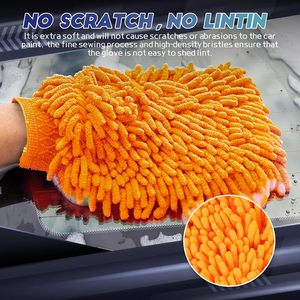 YIZHI 2 pièces Gants de lavage de voiture en microfibre chenille, sans rayures, sans peluches, absorbants, double face, orange - Product Image 3