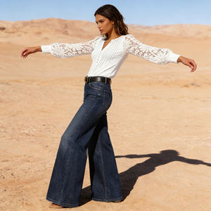 T-shirt élégant pour femme, manches en dentelle blanche, décontracté, pour le bureau, grande taille, col en V court, mi-long, boutonné, doux, respirant, léger - Product Image 5