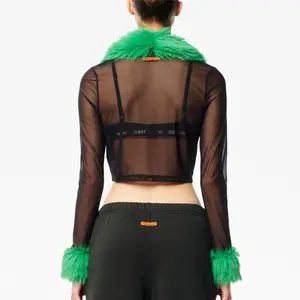 High Street Sexy Women Faux-fur Mesh Cardigan V-neck Semi-sheer Cropped Tops Contrast Fur Trims Black Slim Fit Blouse Shirt
