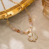 Perhiasan Fashion Trendi Lintas Batas, Liontin Bambu Batu Alam Berlapis Emas 18K dengan Manik-manik Bunga Clover dari Baja Anti Karat untuk Wanita Sporty