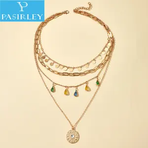 Pasirley Populaire Kraag Multicapas Geometrische Schijf Franje Ketting 4 Lagen Strass Kwastje Multi Gelaagde Ketting