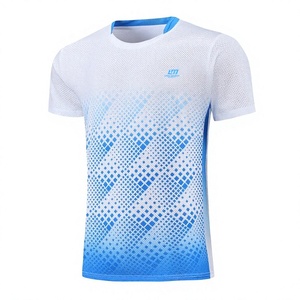 Ensemble uniforme de tennis pour hommes, blanc et bleu, imprimé géométrique, chemise à manches courtes, short noir, respirant, évacuant l'humidité, sport d'été - Product Image 3
