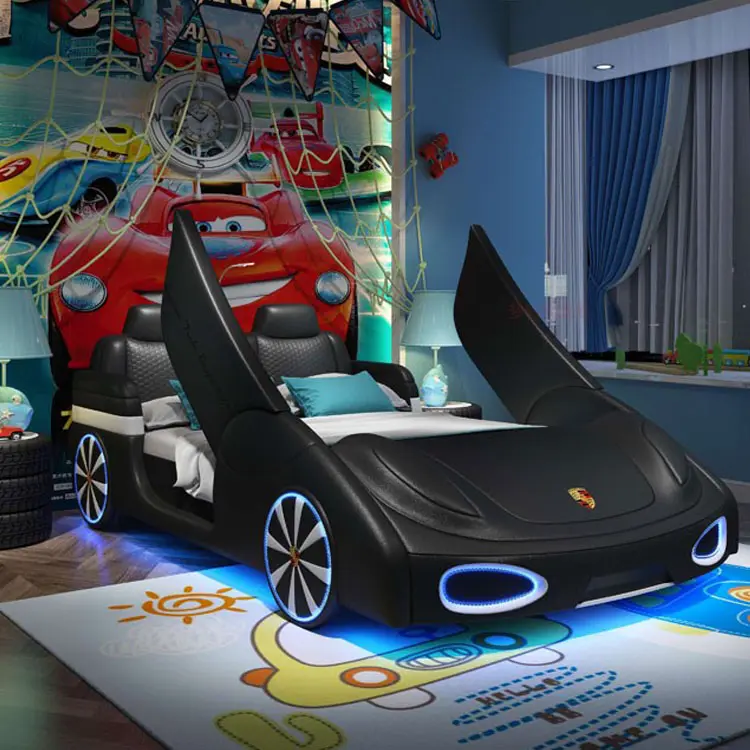 OEM baby room supercar design led light race car children leather bed for little boy