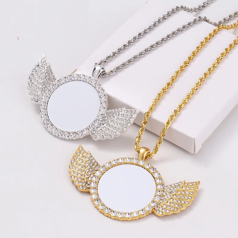 wholesale Angel wings silver gold necklace pendant with diamond custom Name picture sublimation jewelry blanks necklace