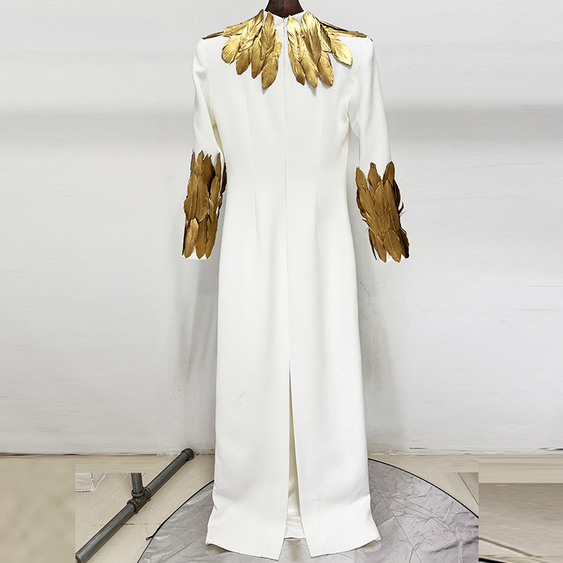 Elegant White High Neck Maxi Dress with Gold Feathers