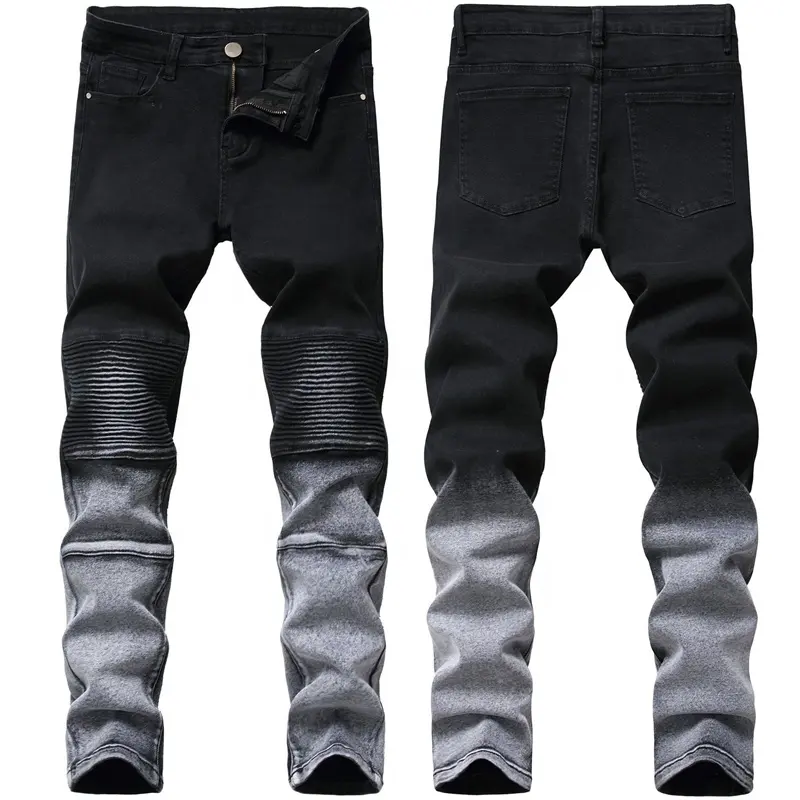 Wholesale men's skinny jeans trend pleated gradient colors jeans black slim jeans pants men