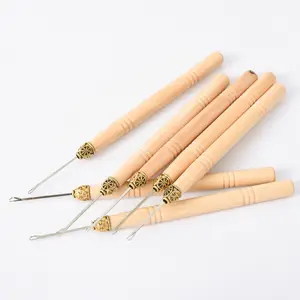 Micro Ring Loop Threader Hair Extension Tools Wooden Holder Thread Pulling Needle for Stick I Tip Hair