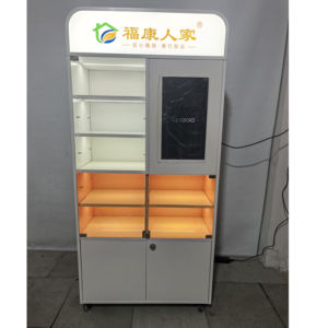 Armoire de rangement autoportante en métal pour sols avec éclairage LED, couleur blanche, personnalisable, étagère de présentation moderne - Product Image 1