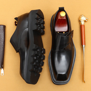 Chaussures montantes en cuir pour hommes, style anglais, cuir véritable, bout carré, pied large, chaussures habillées décontractées pour hommes, chaussures de cérémonie pour hommes - Product Image 2