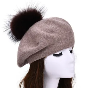 Hot Sale Wholesale Spring Winter Fashion Women Cashmere Soft 100% Real Raccoon FurポンポンBeret Hat For Women