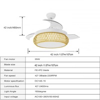 Ventilateur de plafond invisible LED confortable pour salon, design moderne et simple, 42 pouces, télécommande, plastique, 3 pales