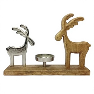 Porte-bougie renne en bois et métal avec support pour bougie chauffe-plat en métal, décoration de table rustique de Noël, objets décoratifs pour la maison - Product Image 1