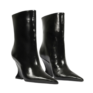 Bottes compensées sculptées à découpes, à bout pointu, montantes à la cheville, à talon haut, style architectural pour femmes, vente en gros OEM ODM - Product Image 6