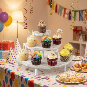Présentoir à 3 niveaux en <span class=keywords><strong>bois</strong></span> rustique blanchi pour cupcakes, parfums, desserts, vernis à ongles, maquillage, plantes et objets de collection - Product Image 2