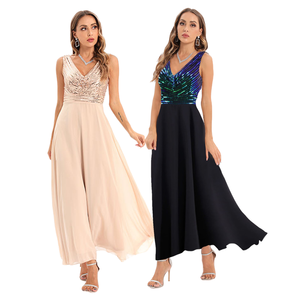 Luxe Streep Pailletten Steek Chiffon Feestjurken Vrouwen Avond Elegantie V-Hals Borduurwerk <span class=keywords><strong>Prom</strong></span> Jurken - Product Image 1