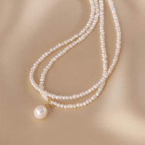 1490 Women's 925 Silver 18K <b>Gold</b> Plated Small Pearl Beaded <b>Necklace</b> <b>Double</b> Stacked Sweater Chain Vintage Wedding Engagement - Product Image 3