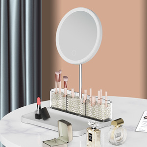 Desktop Makeup Mirror With Led Light Pearl White Round Aluminum Lens Cosmetic Organizer Storage Rack For Beauty Makeup - Product Image 1