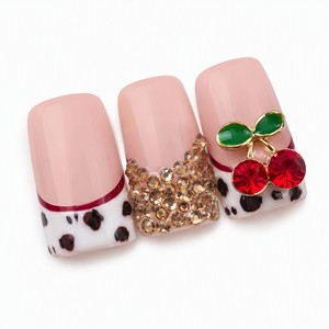 Uñas Postizas Cuadradas Estilo Francés, Uñas de ABS con Diseño de Cerezas y Diamantes de Imitación, Cobertura Completa para Dedos - Product Image 3