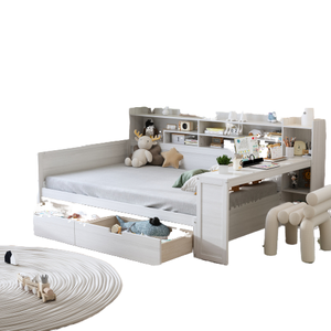 Lit double moderne en bois massif écologique, taille Queen, avec étagères de rangement, deux tiroirs et bureau d'étude pour chambre à coucher - Product Image 1
