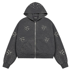 Sweat-shirt à capuche zippé pour homme, style urbain, noir uni, orné de strass et de perles, coupe oversize, décontracté, en coton tricoté respirant - Product Image 1