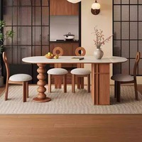 Table à manger pliante en bois massif avec plateau en travertin de style français, table ovale extensible moderne, meuble de rangement pour îlot, salon