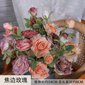ดอกกุหลาบประดิษฐ์ Jinxi 3 หัว ดอกไม้ผ้าไหมขอบไหม้ สำหรับตกแต่งงานแต่งงานและบ้าน - Product Image 5