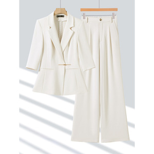 Women's Two Piece Suit Set Mid Sleeve Blazer Wide Leg Pants Formal Workwear Commute Spring Summer Autumn Anti Wrinkle Worsted - Product Image 1