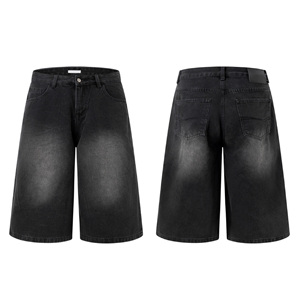 Street Style <strong>Black</strong> Knitted Mid <strong>Waist</strong> Gradient Washed Men Summer Loose Straight Leg <strong>Denim</strong> <strong>Shorts</strong> for Youth Casual Campus Wear - Product Image 2