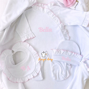 Conjunto de Ropa para Bebé Recién Nacido, Pijama con Ribete de Picot, Blanco, 100% Algodón, Pelele con Volantes, Baberos - Product Image 3
