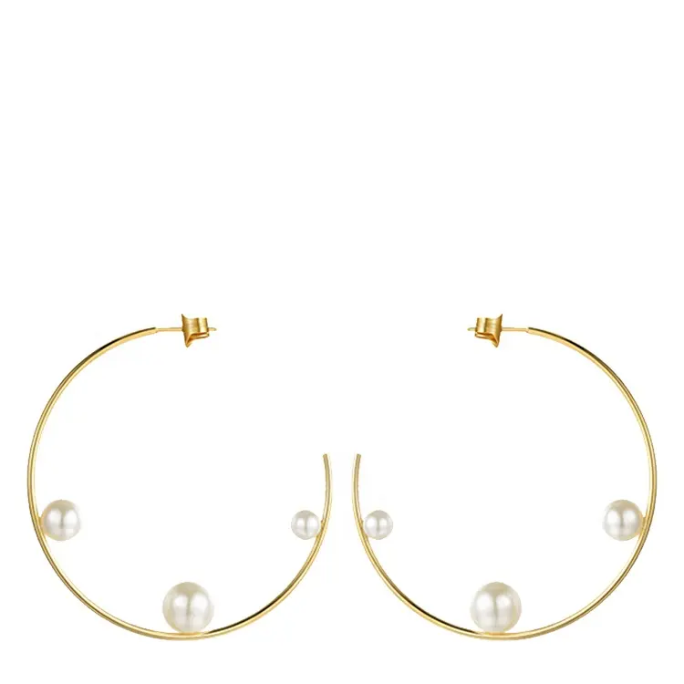 Geometric Pearl Line Hoop Earrings Gold Color Stainless Steel Circle Earrings For Women Earings Wholesale EEF1014