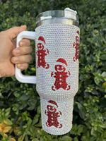 Gobelet isotherme en acier inoxydable de 40 oz avec strass, motif bonhomme en pain d'épices, cadeau de Noël, blanc et rose, isolé sous vide, anti-fuite, réutilisable