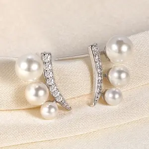 Personalized Light Luxury S925 Silver Double Row Shell Pearl Earrings Elegant Sweet Pearl Earrings