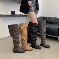 Bottes de moto mi-mollet décontractées pour femmes en similicuir vintage à faible MOQ, bout rond plat, avec boucle, pour automne-hiver, ODM