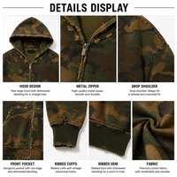 Sweat à capuche zippé pour homme en coton épais 100% avec imprimé camouflage, bords bruts vieillis, style streetwear, coupe oversize, sérigraphie vintage